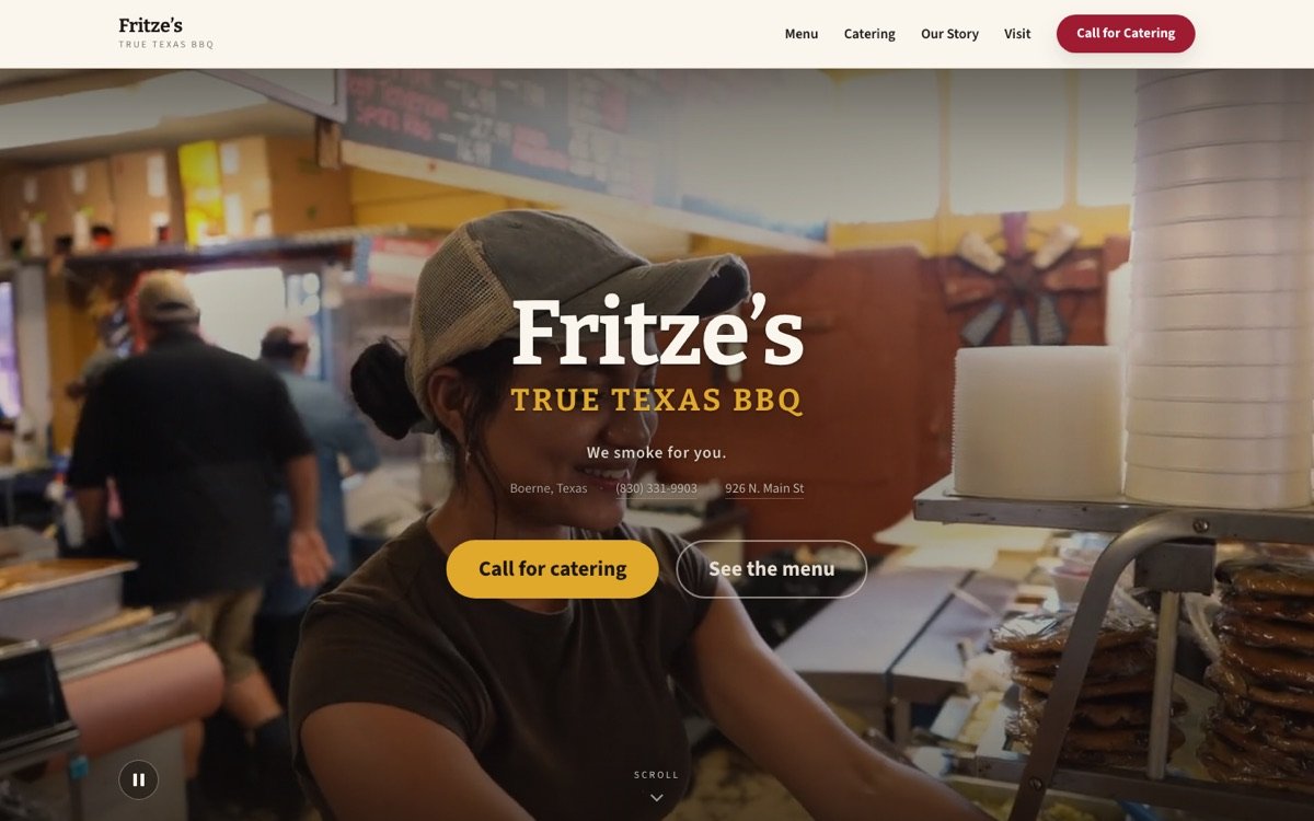 Homepage of fritzestx.com, the website built for Fritze's True Texas BBQ
